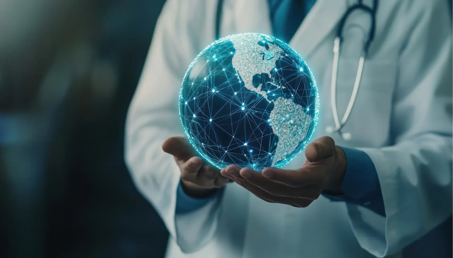 Healthcare professional holding a connected digital globe