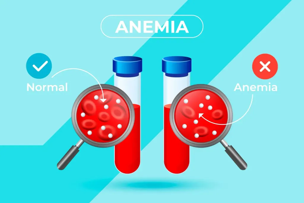 Comparação entre sangue normal e anemia hemolítica com glóbulos vermelhos alterados.
