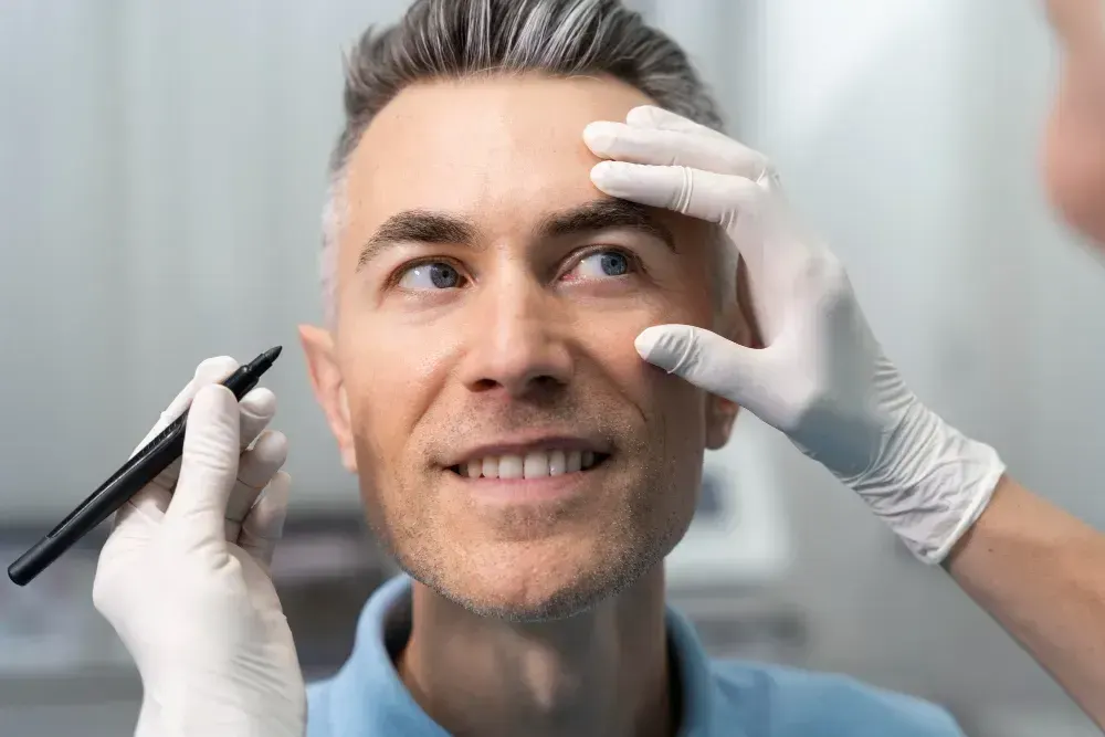Homem recebe aplicação de bioestimuladores de colágeno no rosto.