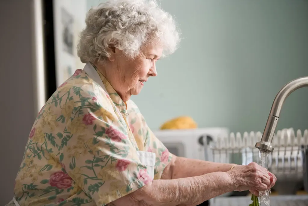 Idosa lava-louça na cozinha e questiona quando procurar um médico geriatra.